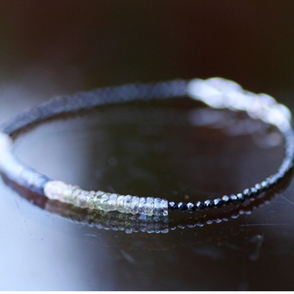 Natural Black Spinel, Green, Purple Sapphire Bracelet Handcrafted 14k White Gold - Picture 3 of 9